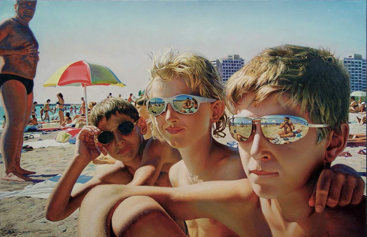 Children with sunglases, oil on canvas, 43.31"h x66.93"w (110x170cm), 2003