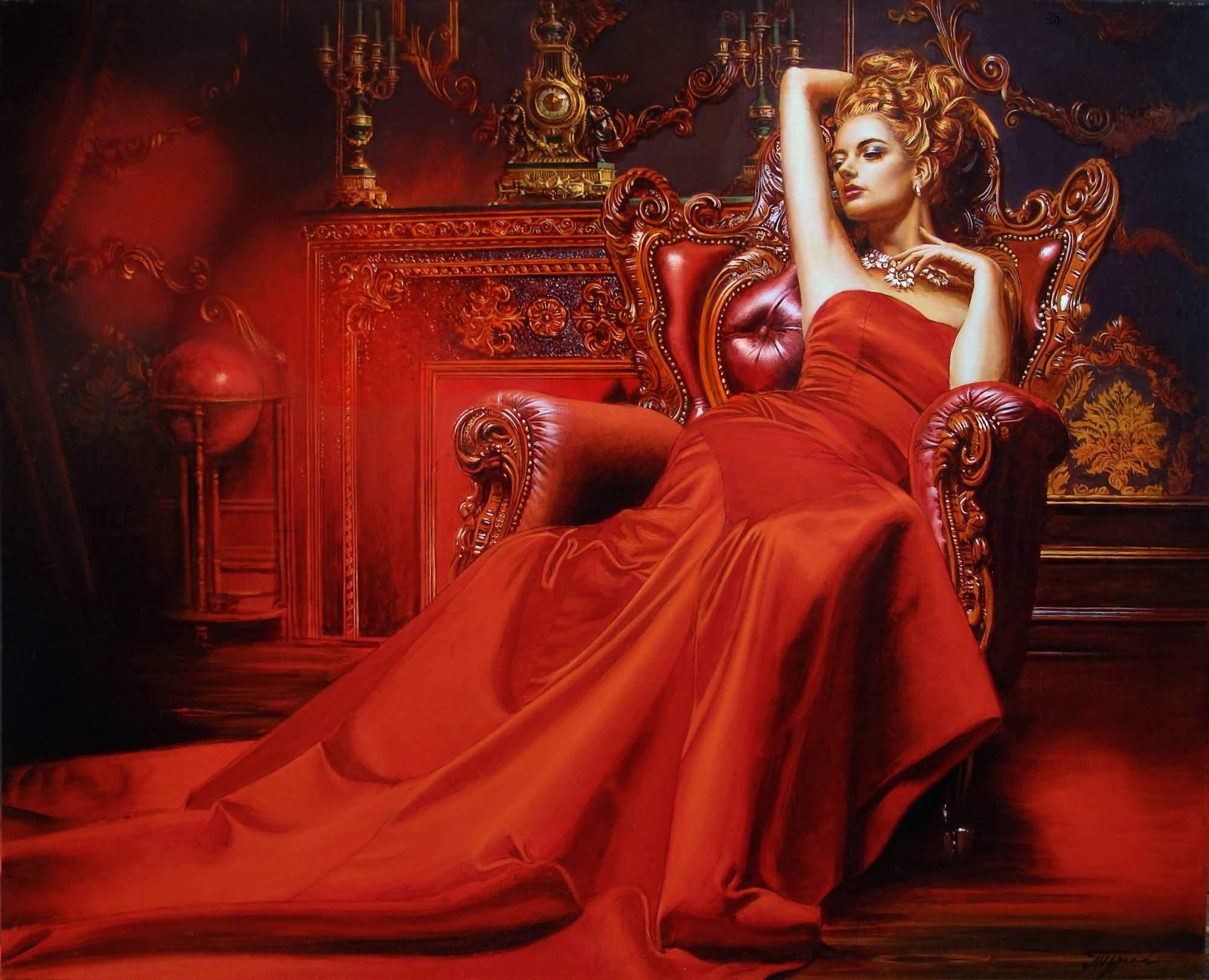 Lady in red, oil on canvas, 26.77"h x31.5"w (68x80cm), 2019