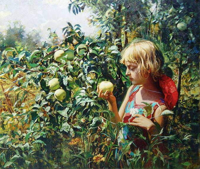 Olia in the garden, oil on canvas, 39.37"h x33.46"w (100x85cm), 2000