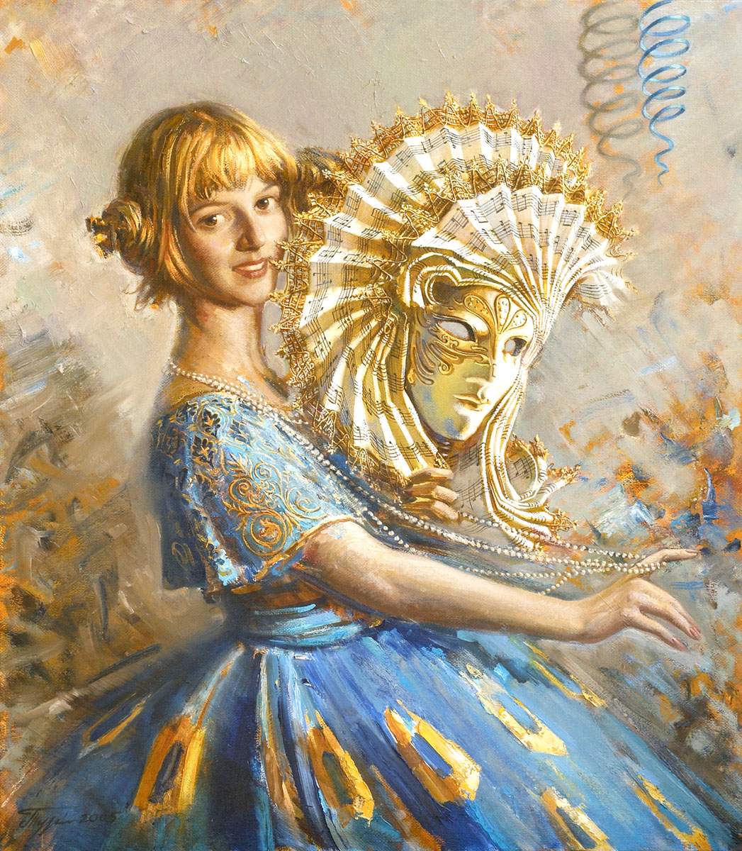 At the Carnival (OLga's portrait), oil on canvas, 47.24"h x35.43"w (120x90cm), 2005